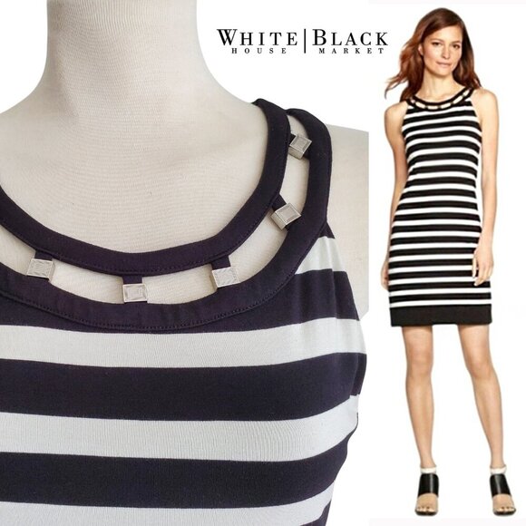 White House Black Market Dresses & Skirts - WHBM Sleeveless B & W Striped Silver Studded Cutout Neckline Shift Dress XS